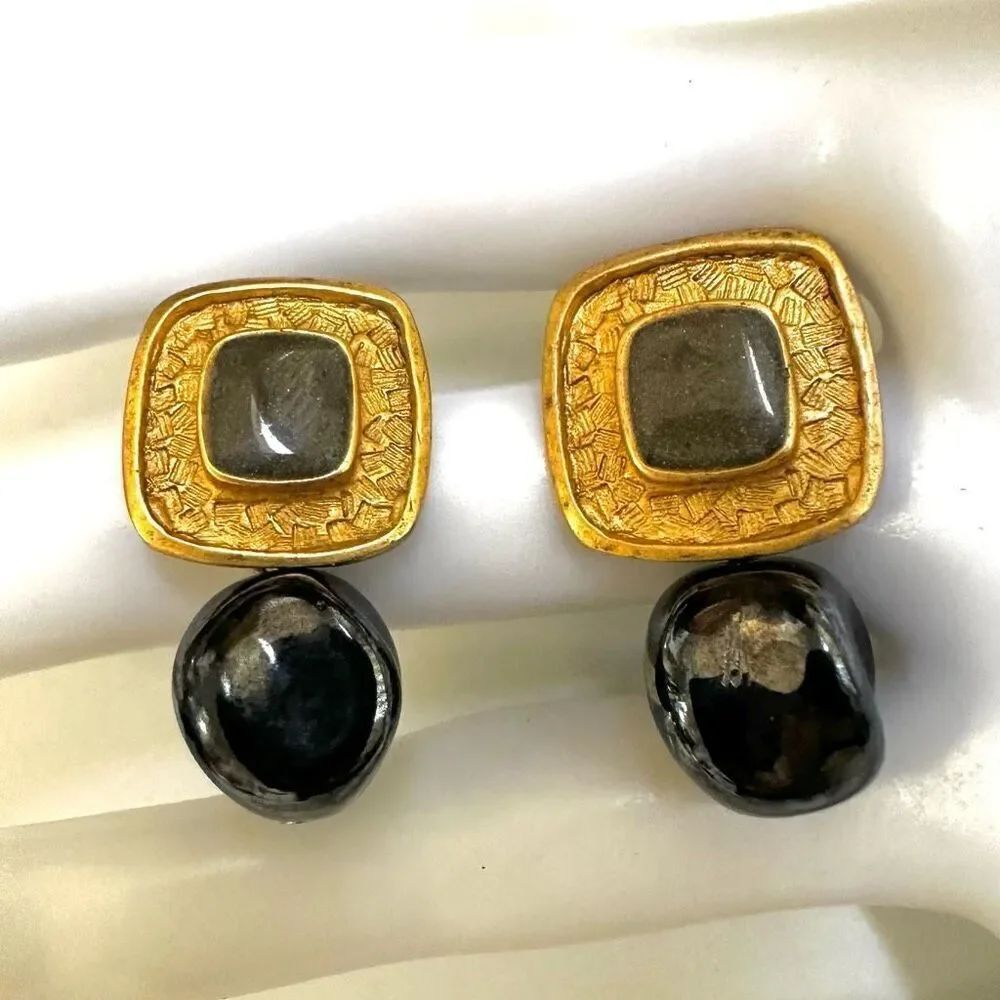 Gold tone grey square drop bead post earrings
